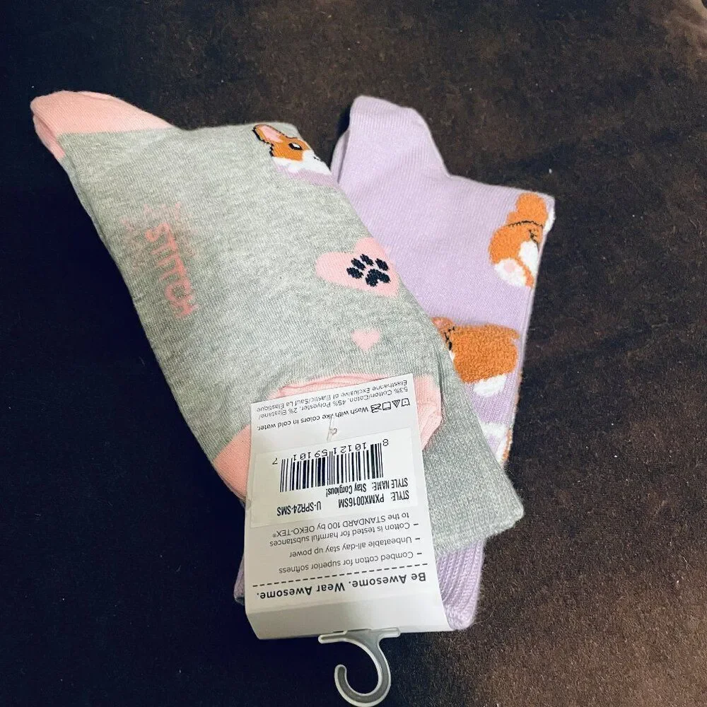 2 Pairs Sock It To Me Socks Corgi Dog Puppy Socks Lavender Grey new with tags